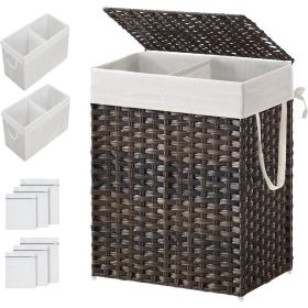 Rattan PP  Laundry Hamper Basket w/ 2-Compartment Washable Liner Bag 24 Gal