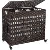 Rattan Brown PP 3-Basket Laundry Hamper Sorter Cart with Removable Cotton Bags with wheels