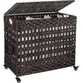 Rattan Brown PP 3-Basket Laundry Hamper Sorter Cart with Removable Cotton Bags with wheels