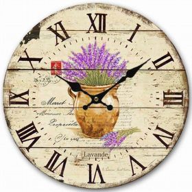 Decorative Roman Numerals Wooden Wall Clock with French Lavender Pattern 14-inch