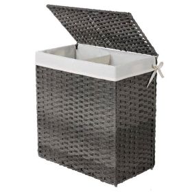 Rattan Grey PP 29-Gal Laundry Hamper Basket w/ 2-Compartment Washable Liner Bag