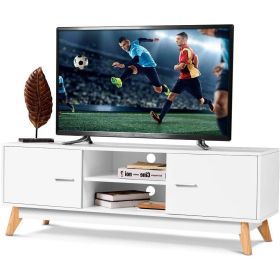55-inch Solid Wood Modern TV Stand in White Finish and Mid-Century Legs