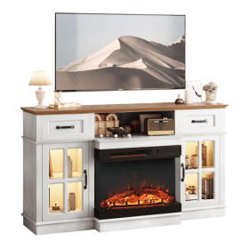 58 Inch Black Gold Oak Fireplace TV Stand with 25 Inch Insert, 2 Doors 2 Drawers & Glass Shelves, Media Console 147.4 x 45 x 80 cm