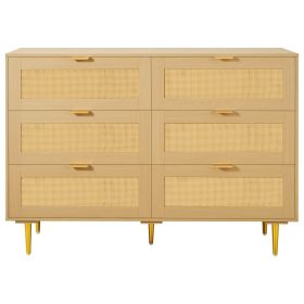 6 Drawer Rattan Dresser, Double Dresser for Bedroom, Natural Rattan Chest of Drawers with Metal Handles & Legs