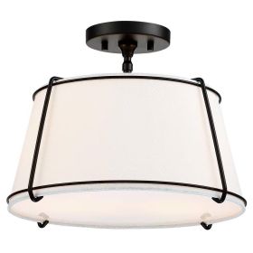 Contemporary 2-Light Round 15-inch White Drum Ceiling Light w/ Black Metal - Semi-Flush Mount