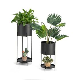Black Metal Garden Planter Flower Pot Stand with Bottom Shelf Set of two.