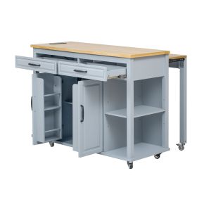 47 inch Kitchen Island with Extendable Dining Table, Rubber Wood Veneer Kitchen Table with Internal Storage Rack, Power Outlet (Color: Grey+Blue, Material: MDF,Rubber Wood)
